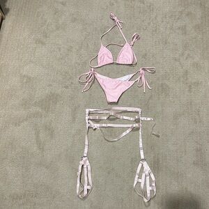 Pink Strappy Bubblegum The Brand Bikini Set w Leg Wraps NWOT